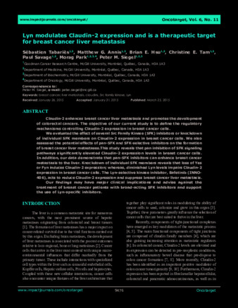 Lyn modulates Claudin-2 expression and is a therapeutic target for breast cancer liver metastasis thumbnail