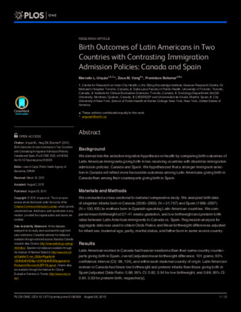 Birth Outcomes of Latin Americans in Two Countries with Contrasting Immigration Admission Policies: Canada and Spain thumbnail