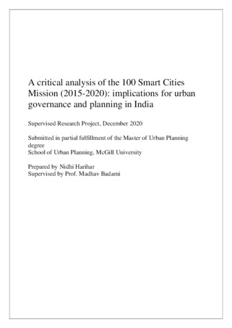 A critical analysis of the 100 Smart Cities Mission (2015-2020): implications for urban governance and planning in India thumbnail