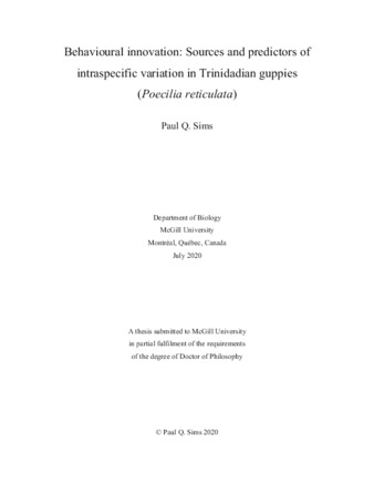 Behavioural innovation: Sources and predictors of intraspecific variation in Trinidadian guppies (Poecilia reticulata) thumbnail