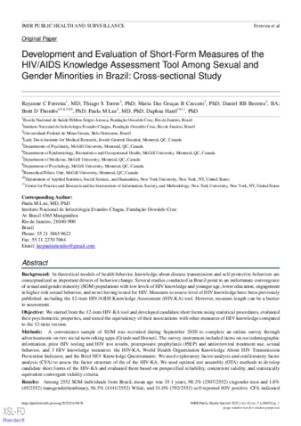 Development and Evaluation of Short-Form Measures of the HIV/AIDS Knowledge Assessment Tool Among Sexual and Gender Minorities in Brazil: Cross-sectional Study thumbnail