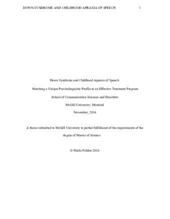 Down syndrome and childhood apraxia of speech: matching a unique psycholinguistic profile to an effective treatment program thumbnail