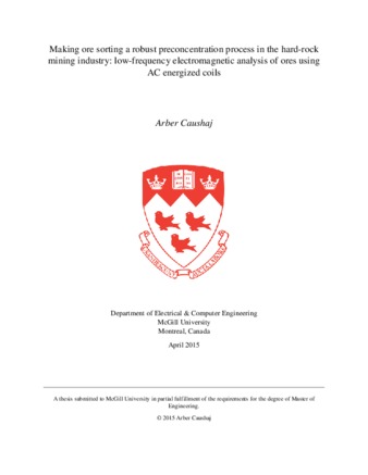 Making ore sorting a robust preconcentration process in the hard-rock mining industry: low-frequency electromagnetic analysis of ores using AC energized coils thumbnail