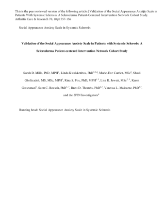 Validation of the Social Appearance Anxiety Scale in Patients With Systemic Sclerosis: A Scleroderma Patient-Centered Intervention Network Cohort Study thumbnail