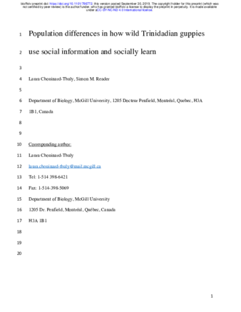 Population differences in how wild Trinidadian guppies use social information and socially learn thumbnail