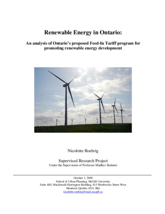 Renewable Energy in Ontario: An analysis of Ontario's proposed Feed-In tariff program for promoting renewable energy development thumbnail