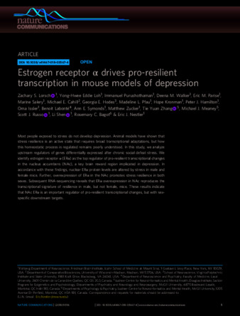 Estrogen receptor α drives pro-resilient transcription in mouse models of depression thumbnail