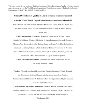 Clinical correlates of quality of life in systemic sclerosis measured with the World Health Organization Disability Assessment Schedule II thumbnail