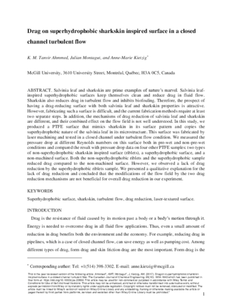 Drag on superhydrophobic sharkskin inspired surface in a closed channel turbulent flow thumbnail