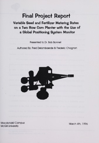 Variable Seed and Fertilizer Metering Rates on a Two Row Corn Planter With the Use of a Global Positioning System Monitor thumbnail