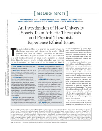 An Investigation of How University Sports Team Athletic Therapists and Physical Therapists Experience Ethical Issues thumbnail