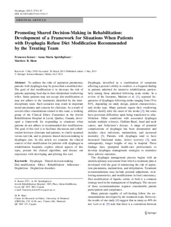 Promoting Shared Decision-Making in Rehabilitation: Development of a Framework for Situations When Patients with Dysphagia Refuse Diet Modification Recommended by the Treating Team thumbnail