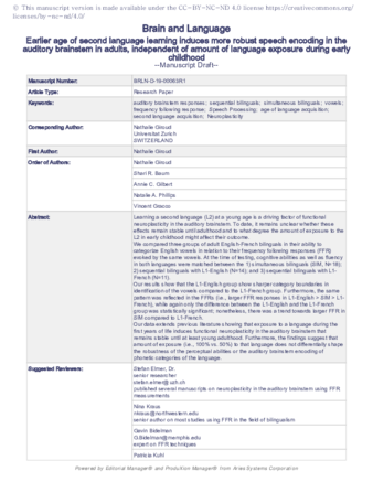 Earlier age of second language learning induces more robust speech encoding in the auditory brainstem in adults, independent of amount of language exposure during early childhood thumbnail
