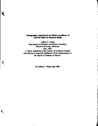 Demographic, behavioural and dietary predictors of total fat intake in Montreal adults thumbnail