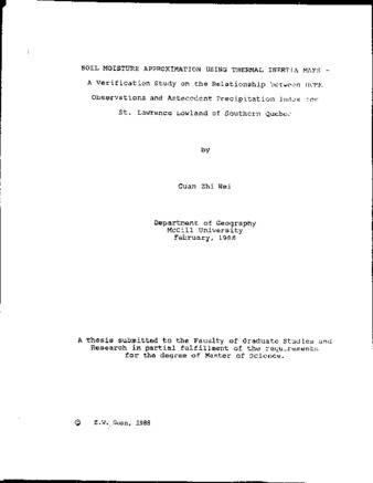 Soil moisture approximation using thermal inertia maps : verification study on the relationship between HCMM observations and antecedent precipitation index for St. Lawrence Lowland of Southern Quebec thumbnail