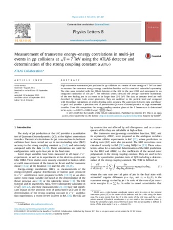 Measurement of transverse energy-energy correlations in multi-jet events in pp collisions at root s=7 TeV using the ATLAS detector and determination of the strong coupling constant alpha(s)(m(Z)) thumbnail