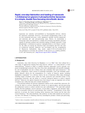 Rapid, one-step fabrication and loading of nanoscale 1,2-distearoyl-sn-glycero-3-phosphocholine liposomes in a simple, double flow-focusing microfluidic device thumbnail