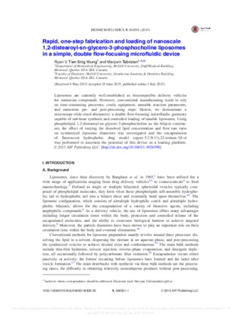 Rapid, one-step fabrication and loading of nanoscale 1,2-distearoyl-sn-glycero-3-phosphocholine liposomes in a simple, double flow-focusing microfluidic device thumbnail