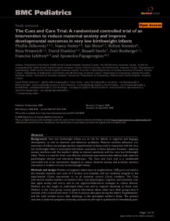 The Cues and Care Trial: A randomized controlled trial of an intervention to reduce maternal anxiety and improve developmental outcomes in very low birthweight infants thumbnail