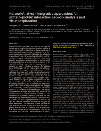NetworkAnalyst - integrative approaches for protein–protein interaction network analysis and visual exploration thumbnail