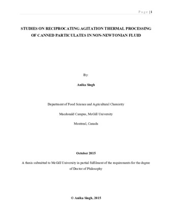 Studies on reciprocating agitation thermal processing of canned particulates in non-Newtonian fluid thumbnail