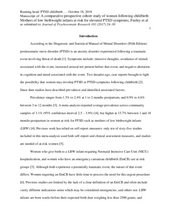 A comparative prospective cohort study of women following childbirth: Mothers of low birthweight infants at risk for elevated PTSD symptoms thumbnail