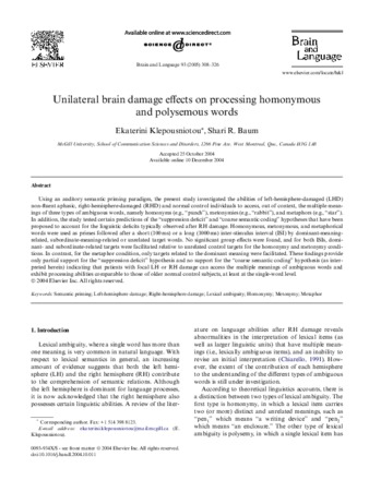 Unilateral brain damage effects on processing homonymous and polysemous words thumbnail