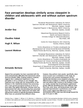 Face perception develops similarly across viewpoint in children and adolescents with and without autism spectrum disorder thumbnail