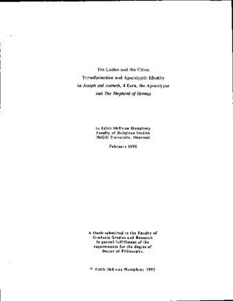 The ladies and the cities : transformation and apocalyptic identity in Joseph and Aseneth, 4 Ezra, the Apocalypse and The shepherd of Hermas thumbnail