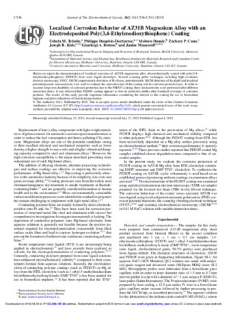 Localized Corrosion Behavior of AZ31B Magnesium Alloy with an Electrodeposited Poly(3,4 Ethylenedioxythiophene) Coating thumbnail