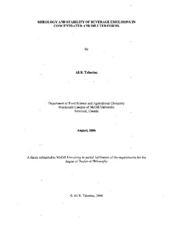 Rheology and stability of beverage emulsions in concentrated and diluted forms thumbnail