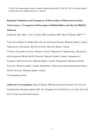 Reporting completeness and transparency of meta-analyses of depression screening tool accuracy: A comparison of meta-analyses published before and after the PRISMA statement thumbnail