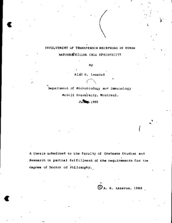 Involvement of transferrin receptors in human natural killer cell specificity thumbnail