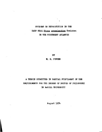 Studies on reproduction in the harp seal (Phoca groenlandica Erxleben) in the northwest Atlantic. thumbnail