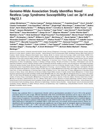 Genome-Wide Association Study Identifies Novel Restless Legs Syndrome Susceptibility Loci on 2p14 and 16q12.1 thumbnail