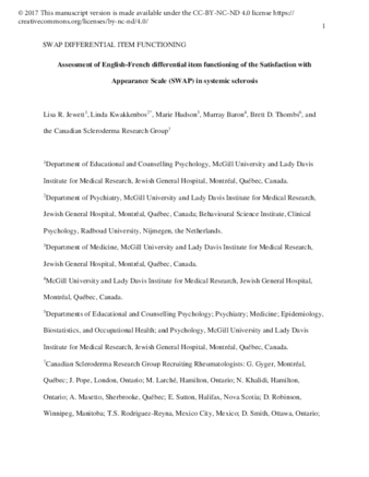 Assessment of English-French differential item functioning of the Satisfaction with Appearance Scale (SWAP) in systemic sclerosis thumbnail