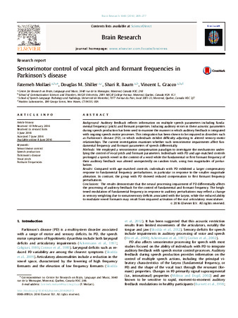 Sensorimotor control of vocal pitch and formant frequencies in Parkinson's disease thumbnail