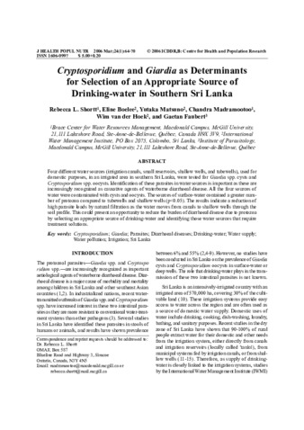 Cryptosporidium and Giardia as Determinants for Selection of an Appropriate Source of Drinking-water in Southern Sri Lanka thumbnail