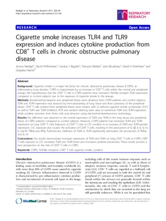 Cigarette smoke increases TLR4 and TLR9 expression and induces cytokine production from CD8⁺ T cells in chronic obstructive pulmonary disease thumbnail