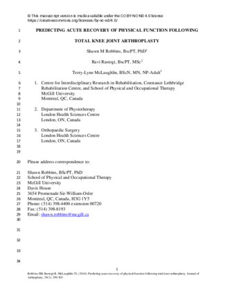 Predicting acute recovery of physical function following total knee joint arthroplasty thumbnail