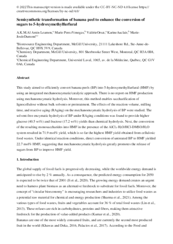 Semisynthetic transformation of banana peel to enhance the conversion of sugars to 5-hydroxymethylfurfural thumbnail