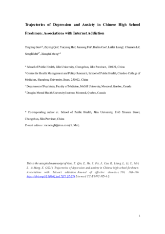 Trajectories of depression and anxiety in Chinese high school freshmen: Associations with Internet addiction thumbnail