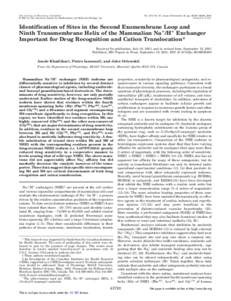 Identification of Sites in the Second Exomembrane Loop and Ninth Transmembrane Helix of the Mammalian Na+/H+ Exchanger Important for Drug Recognition and Cation Translocation thumbnail