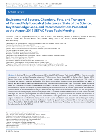 Environmental Sources, Chemistry, Fate, and Transport of Per- and Polyfluoroalkyl Substances: State of the Science, Key Knowledge Gaps, and Recommendations Presented at the August 2019 SETAC Focus Topic Meeting thumbnail