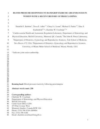 Blood pressure responses to handgrip exercise but not apnea or mental stress are enhanced in women with a recent history of preeclampsia thumbnail