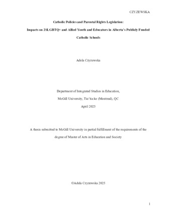 Catholic policies and parental rights legislation: impacts on 2SLGBTQ+ and allied youth and educators in Alberta’s publicly funded Catholic schools thumbnail