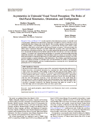 Asymmetries in Unimodal visual vowel perception: The roles of oral-facial kinematics, orientation and configuration thumbnail