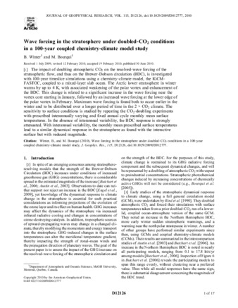 Wave forcing in the stratosphere under doubled‐CO2 conditionsin a 100‐year coupled chemistry‐climate model study thumbnail