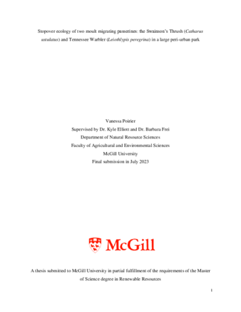 Stopover ecology of two moult migrating passerines: Tennessee warblers (Leiothlypis peregrina) and Swainson's thrushes (Catharus ustulatus) in a large urban park thumbnail