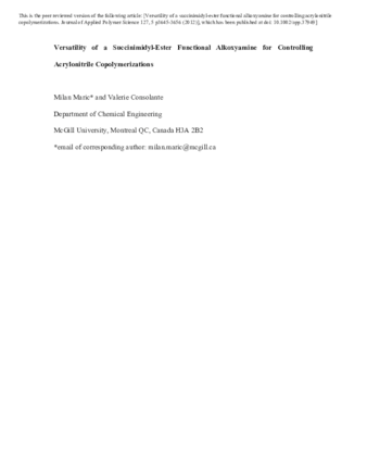 Versatility of a Succinimidyl-Ester Functional Alkoxyamine for Controlling Acrylonitrile Copolymerizations thumbnail